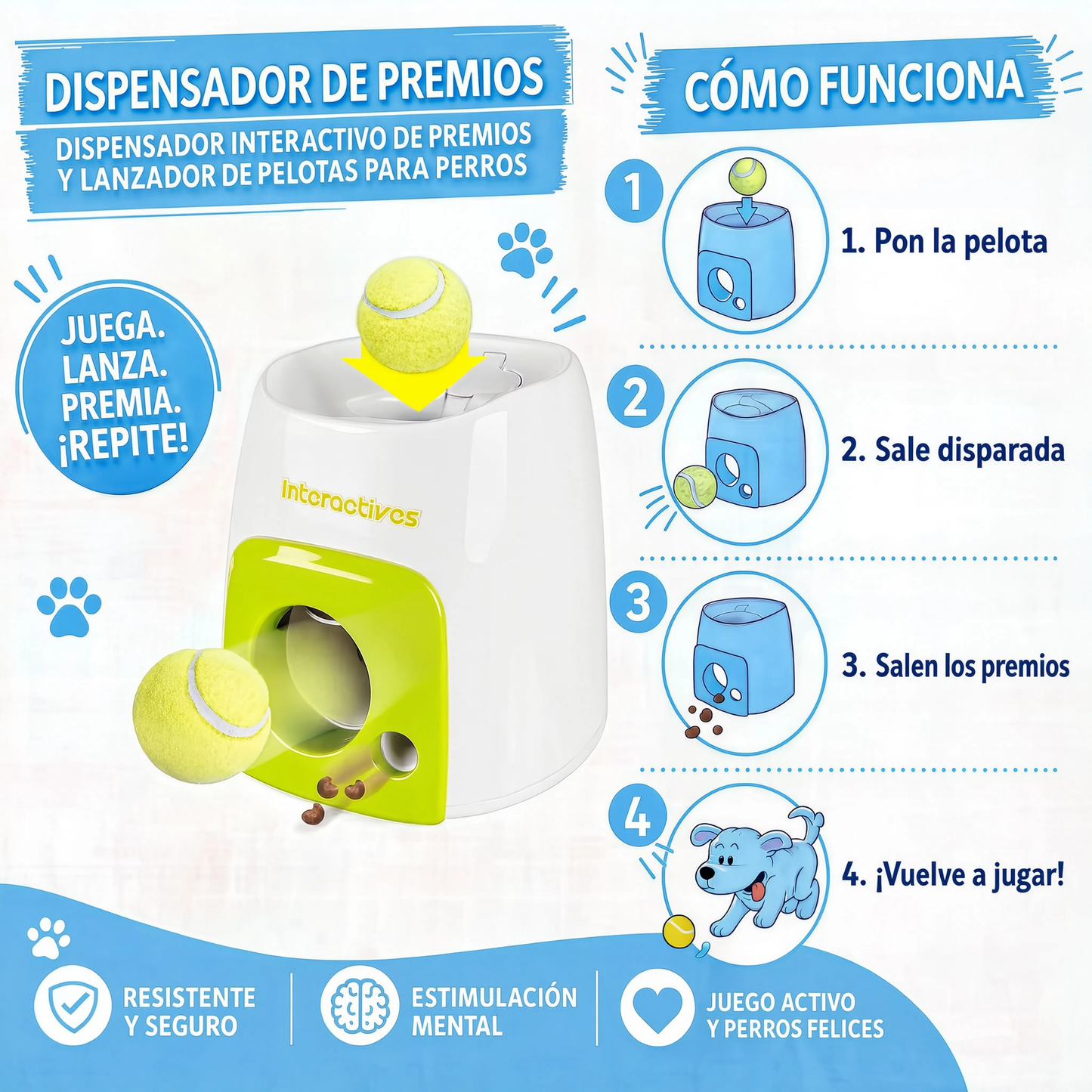 Lanzador automático de pelotas con dispensador de premios para perros